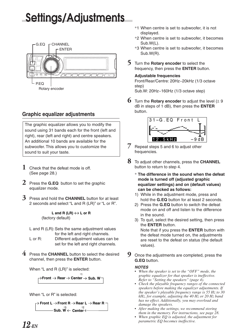 Settings/adjustments, Graphic equalizer adjustments | Alpine PXA-H701 User Manual | Page 13 / 49