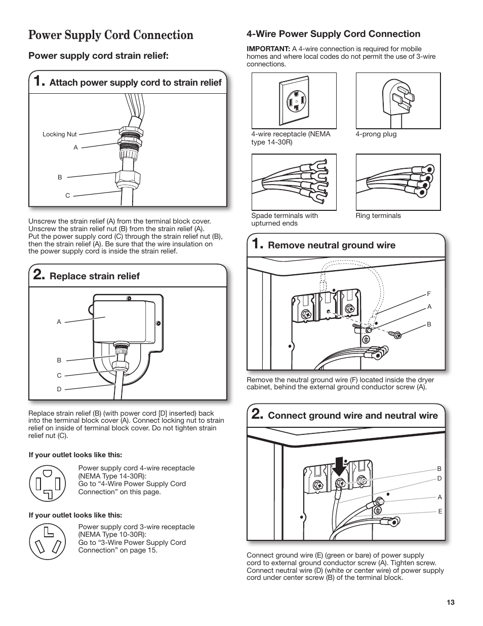 Power supply cord connection | Whirlpool WED7500VW User Manual | Page 13 / 24