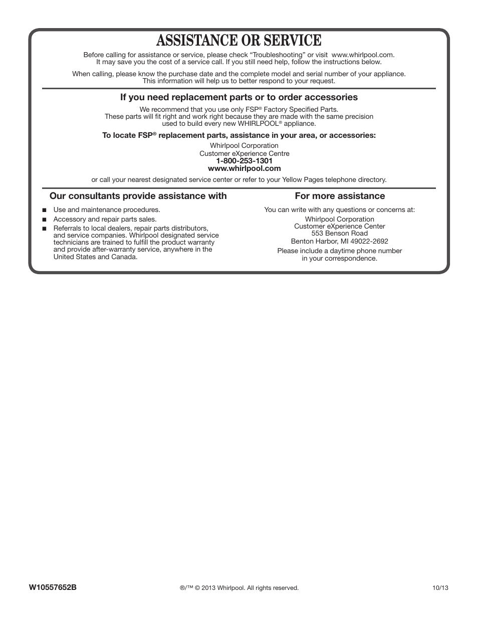 Assistance or service, For more assistance | Whirlpool WED7500VW User Manual | Page 24 / 24