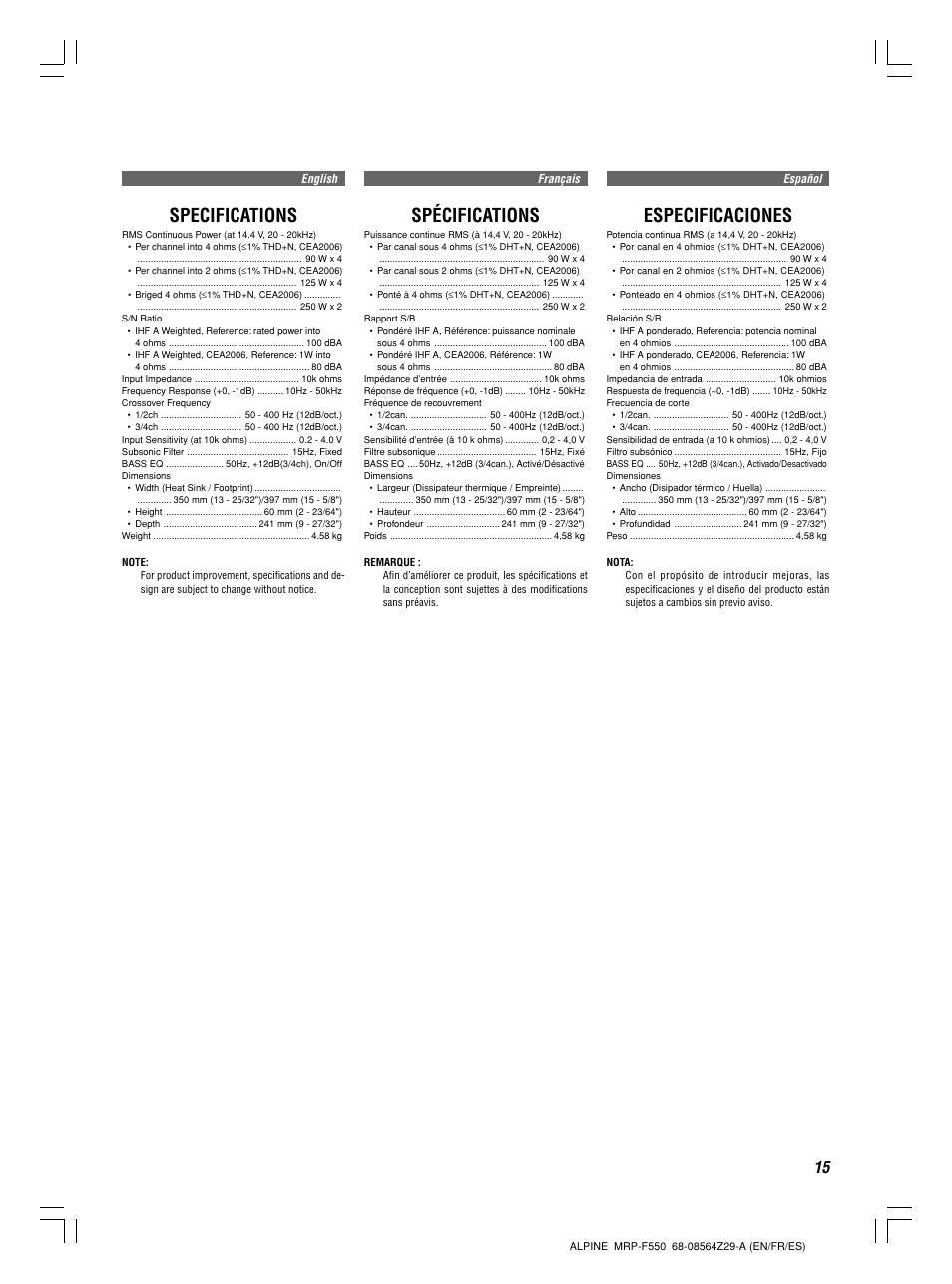 Specifications, Spécifications, Especificaciones | Alpine MRP-F550 User Manual | Page 15 / 20
