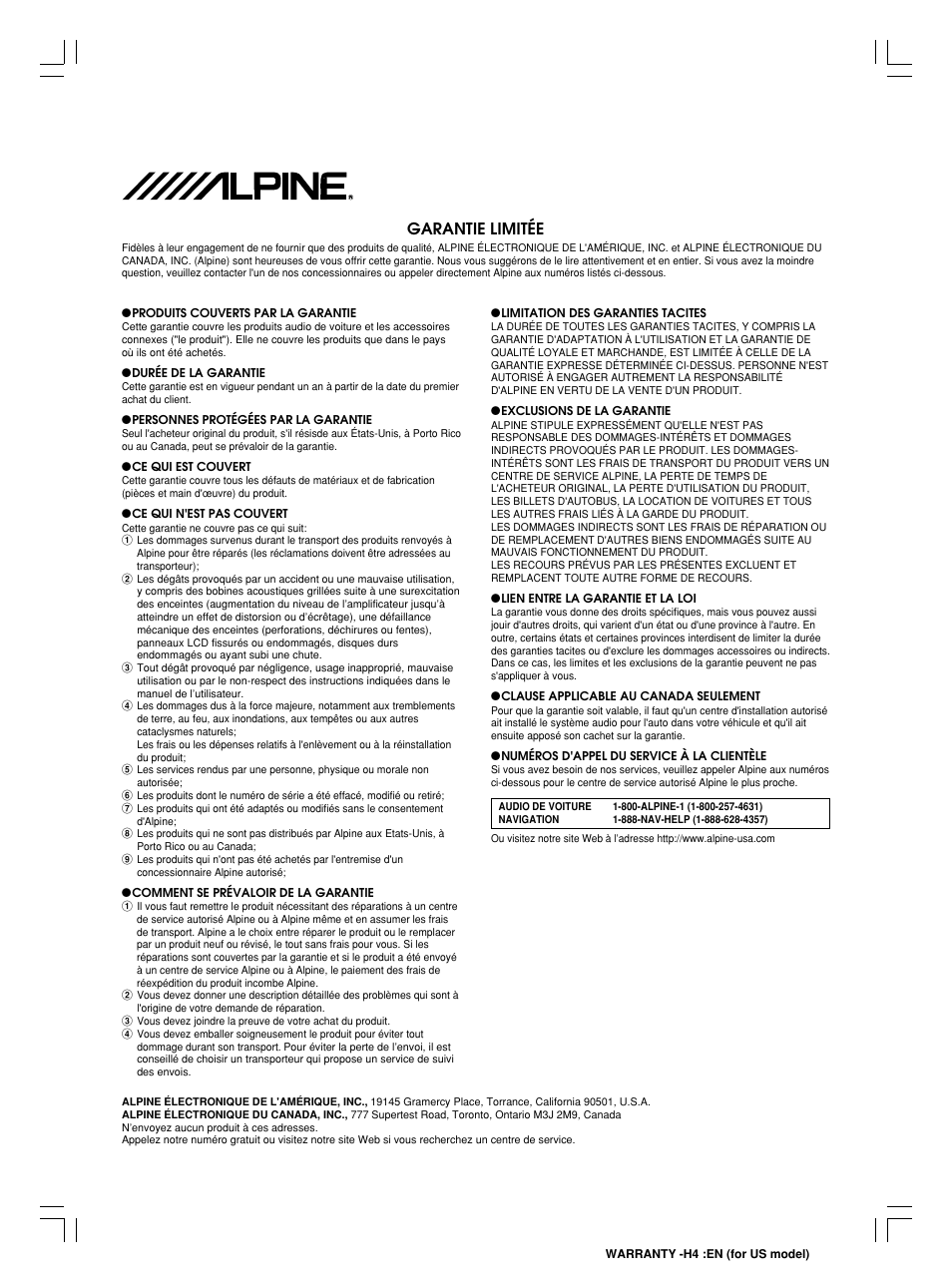 Garantie limitée | Alpine MRP-F550 User Manual | Page 19 / 20