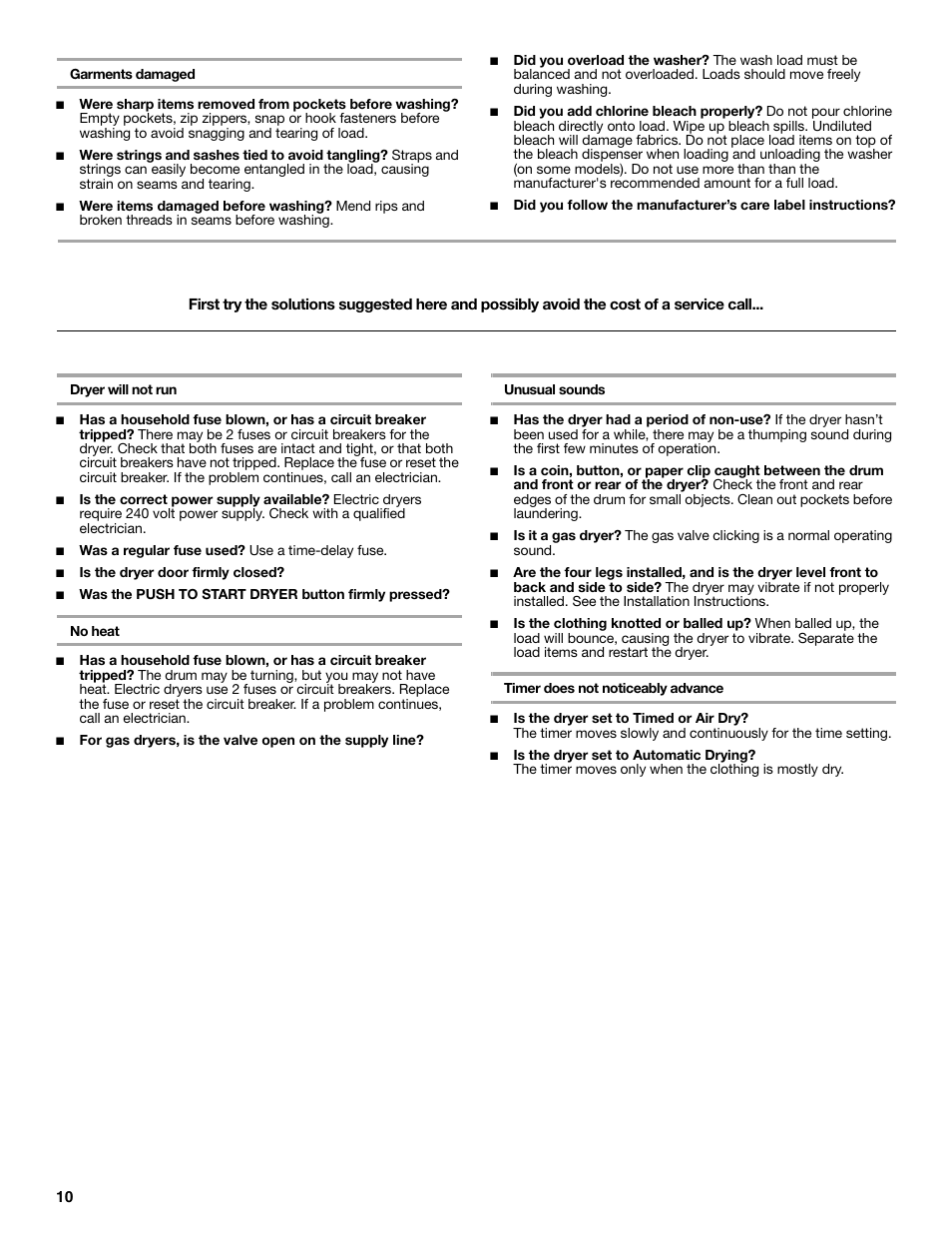 Troubleshooting dryer, Dryer operation | Whirlpool LTE5243DQ User Manual | Page 10 / 36