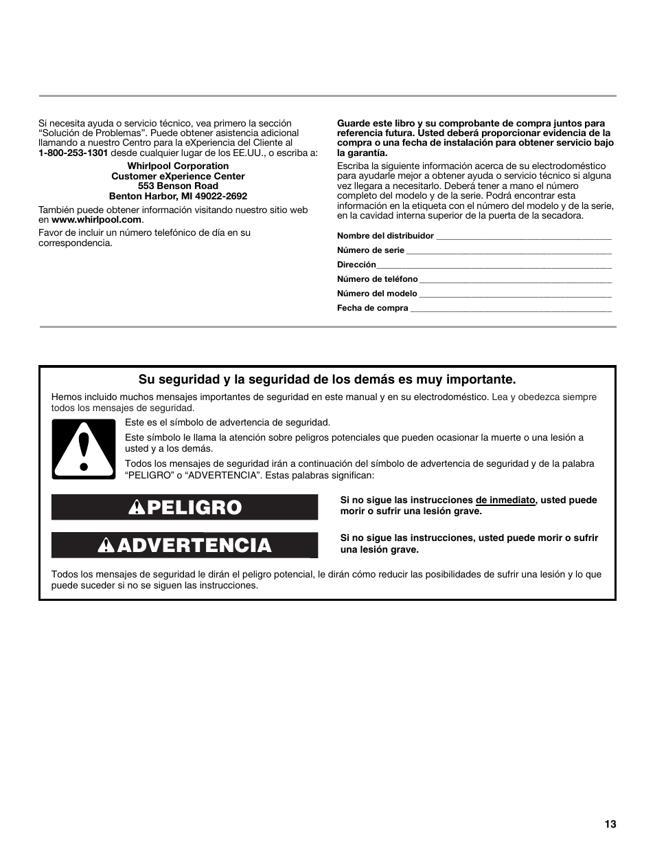 Seguridad de la lavadora/secadora, Advertencia peligro, Ayuda o servicio técnico | Whirlpool LTE5243DQ User Manual | Page 13 / 36