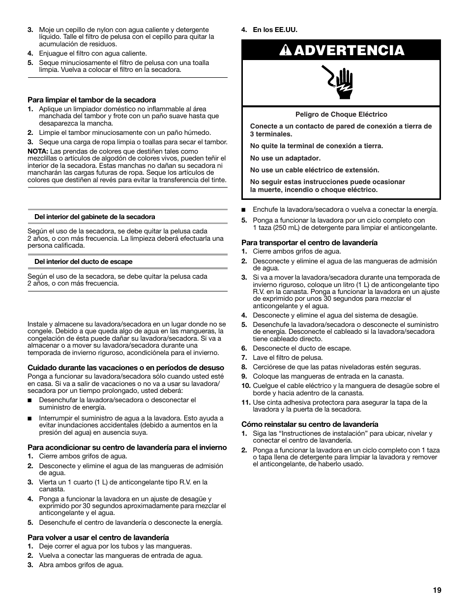 Advertencia, Limpieza del interior de la secadora, Eliminación de pelusa acumulada | Whirlpool LTE5243DQ User Manual | Page 19 / 36