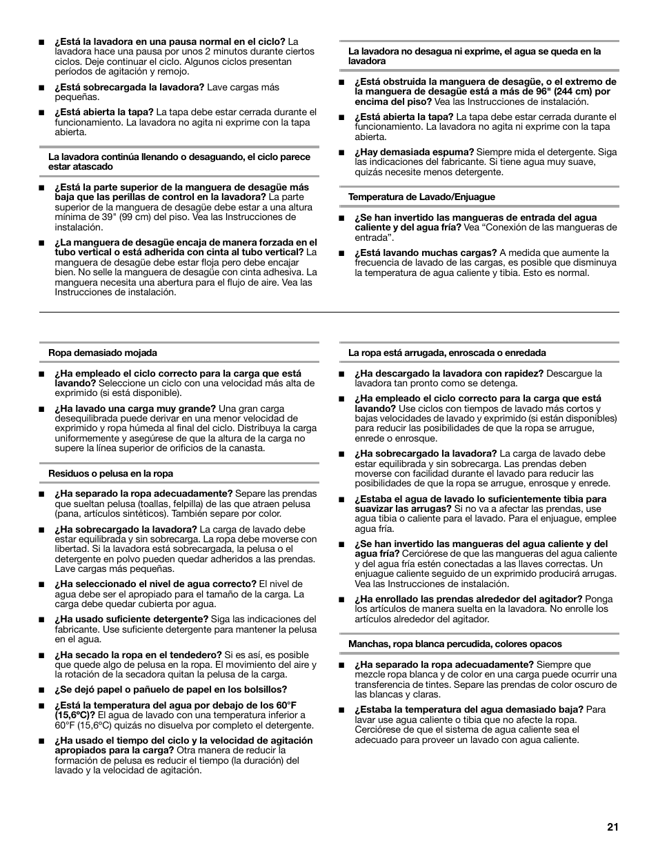 Cuidado de la ropa | Whirlpool LTE5243DQ User Manual | Page 21 / 36