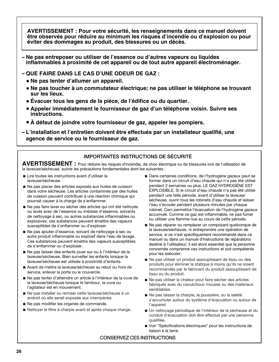 Avertissement | Whirlpool LTE5243DQ User Manual | Page 26 / 36