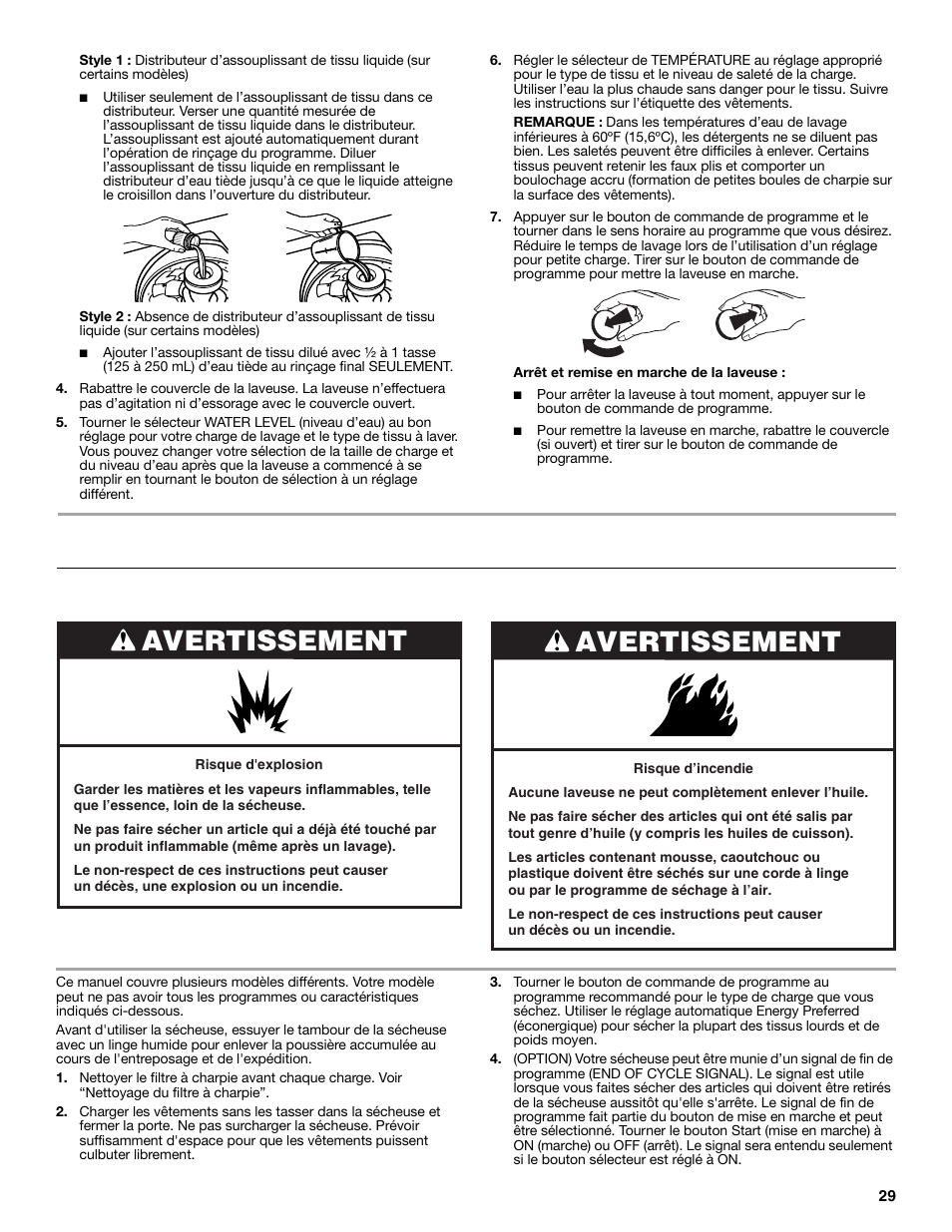 Utilisation de la sécheuse, Avertissement, Mise en marche de la sécheuse | Whirlpool LTE5243DQ User Manual | Page 29 / 36