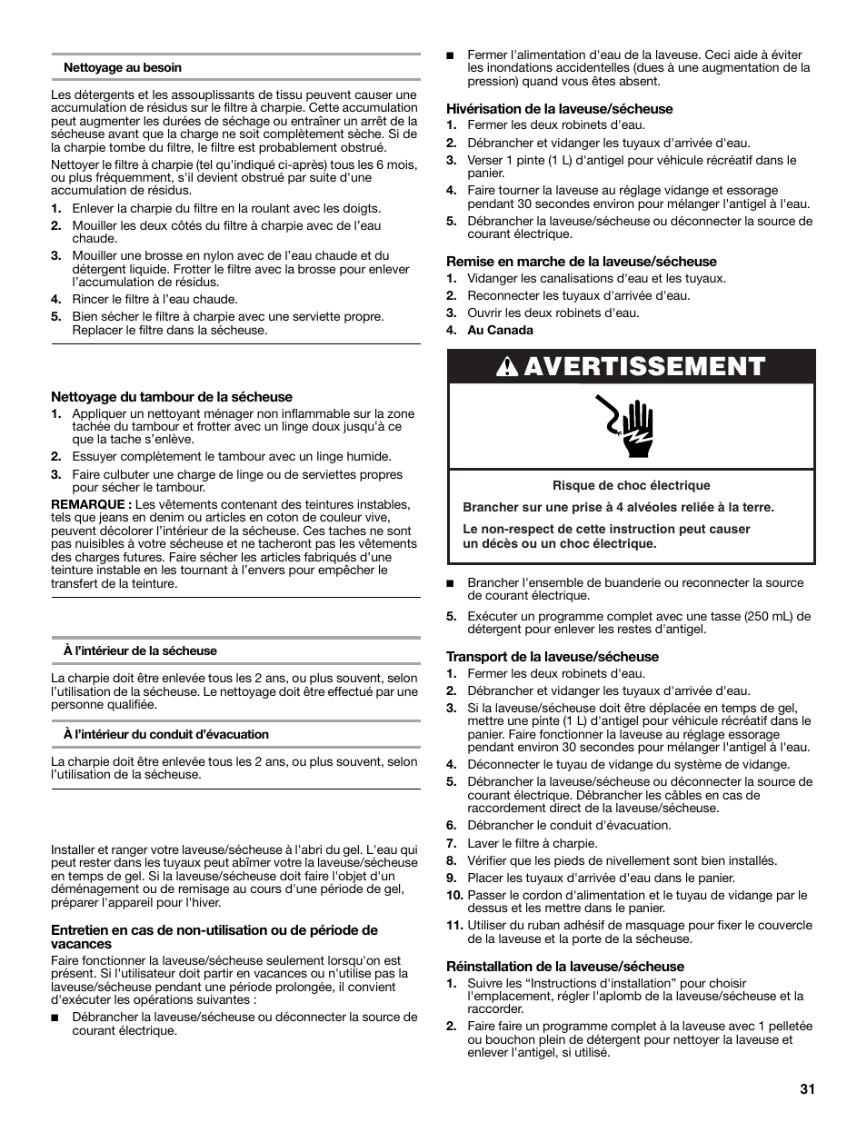 Avertissement, Nettoyage de l’intérieur de la sécheuse, Retrait de la charpie accumulée | Whirlpool LTE5243DQ User Manual | Page 31 / 36