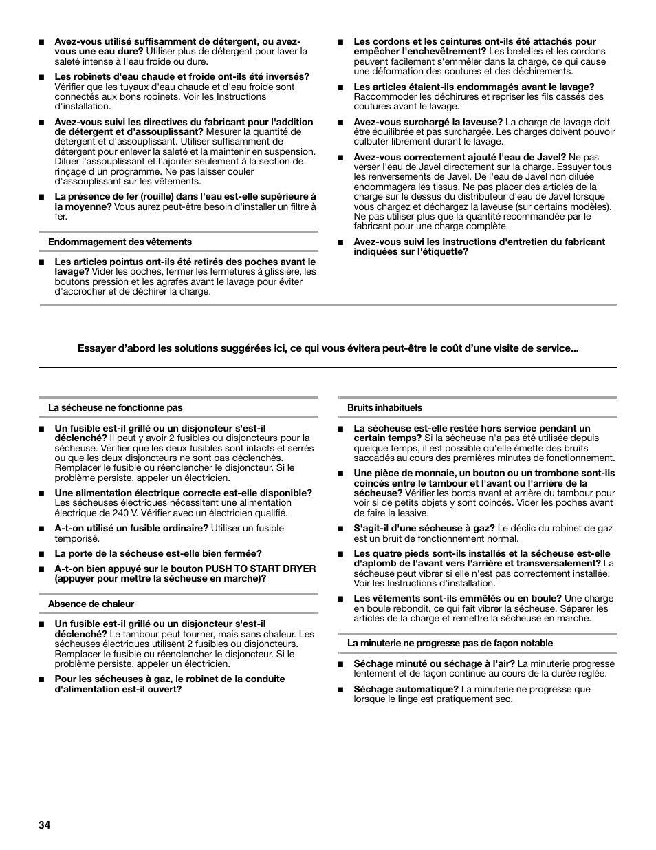 Dépannage de la sécheuse, Fonctionnement de la sécheuse | Whirlpool LTE5243DQ User Manual | Page 34 / 36