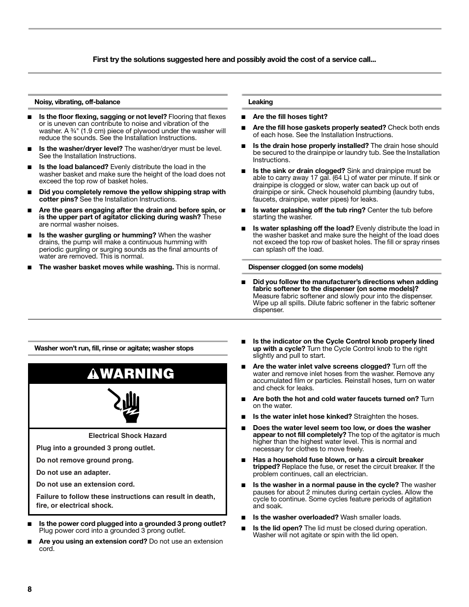 Troubleshooting washer, Warning, Washer and components | Washer operation | Whirlpool LTE5243DQ User Manual | Page 8 / 36