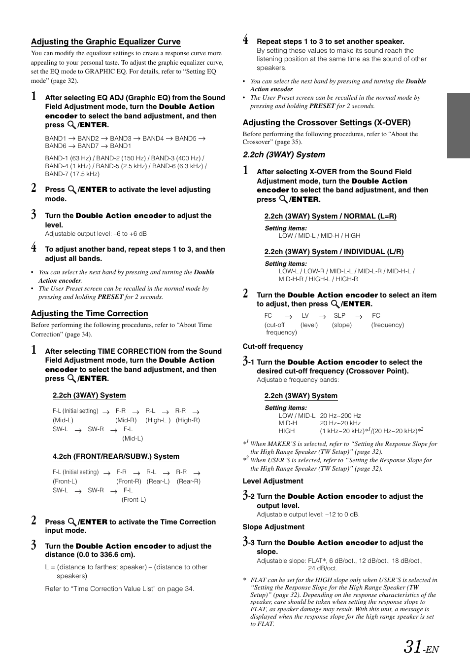 Adjusting the graphic equalizer curve, Adjusting the time correction, Adjusting the crossover settings (x-over) | Alpine IDA-X303 User Manual | Page 33 / 48
