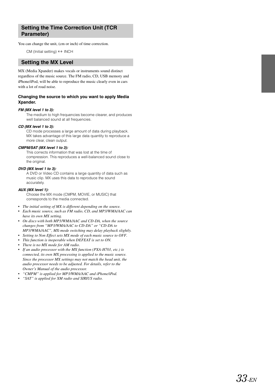 Setting the time correction unit (tcr parameter), Setting the mx level, Setting the time correction unit | Tcr parameter) | Alpine IDA-X303 User Manual | Page 35 / 48