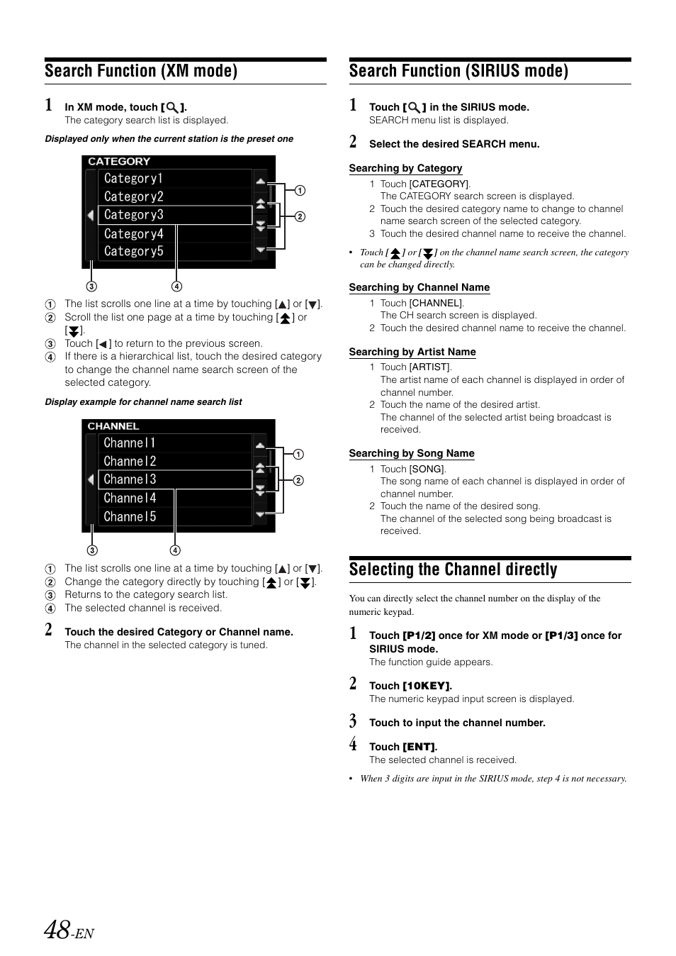 Search function (xm mode), Search function (sirius mode), Selecting the channel directly | Alpine IXA-W407 User Manual | Page 50 / 76