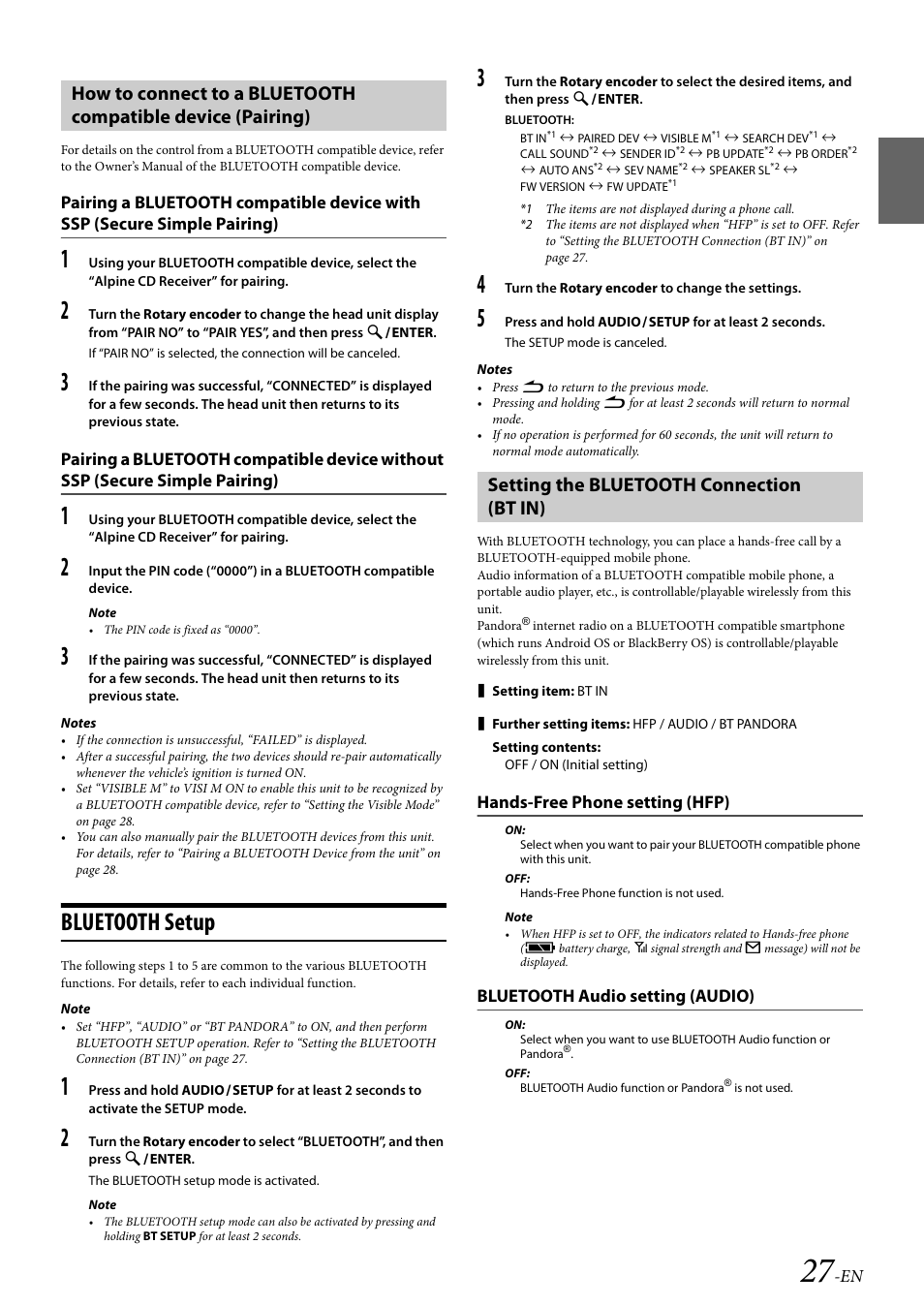Bluetooth setup, Setting the bluetooth connection (bt in), Hands-free phone setting (hfp) | Bluetooth audio setting (audio), Refer to “setting the | Alpine 68-21627Z10-A User Manual | Page 27 / 53
