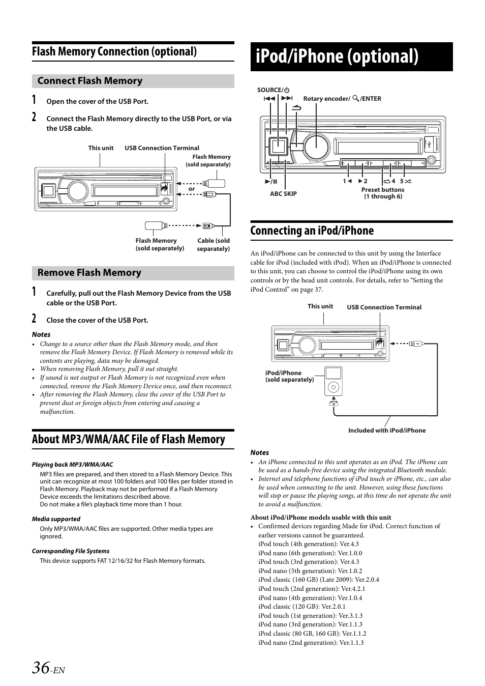 Flash memory connection (optional), Connect flash memory, Remove flash memory | About mp3/wma/aac file of flash memory, Ipod/iphone (optional), Connecting an ipod/iphone, Connect flash memory remove flash memory | Alpine 68-21627Z10-A User Manual | Page 36 / 53
