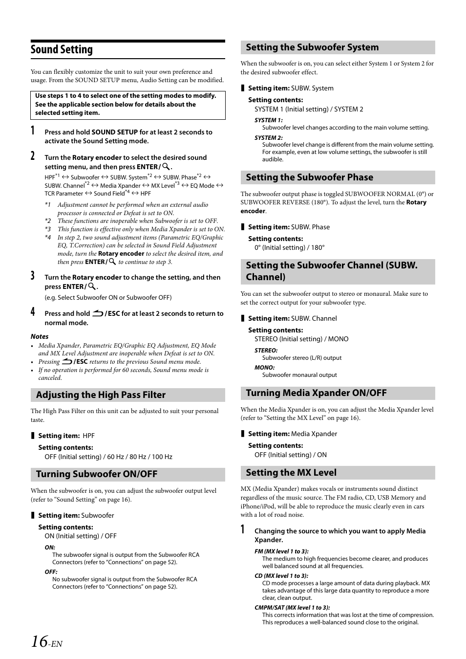 Sound setting, Adjusting the high pass filter, Turning subwoofer on/off | Setting the subwoofer system, Setting the subwoofer phase, Setting the subwoofer channel (subw. channel), Turning media xpander on/off, Setting the mx level | Alpine CDA-117 User Manual | Page 18 / 56