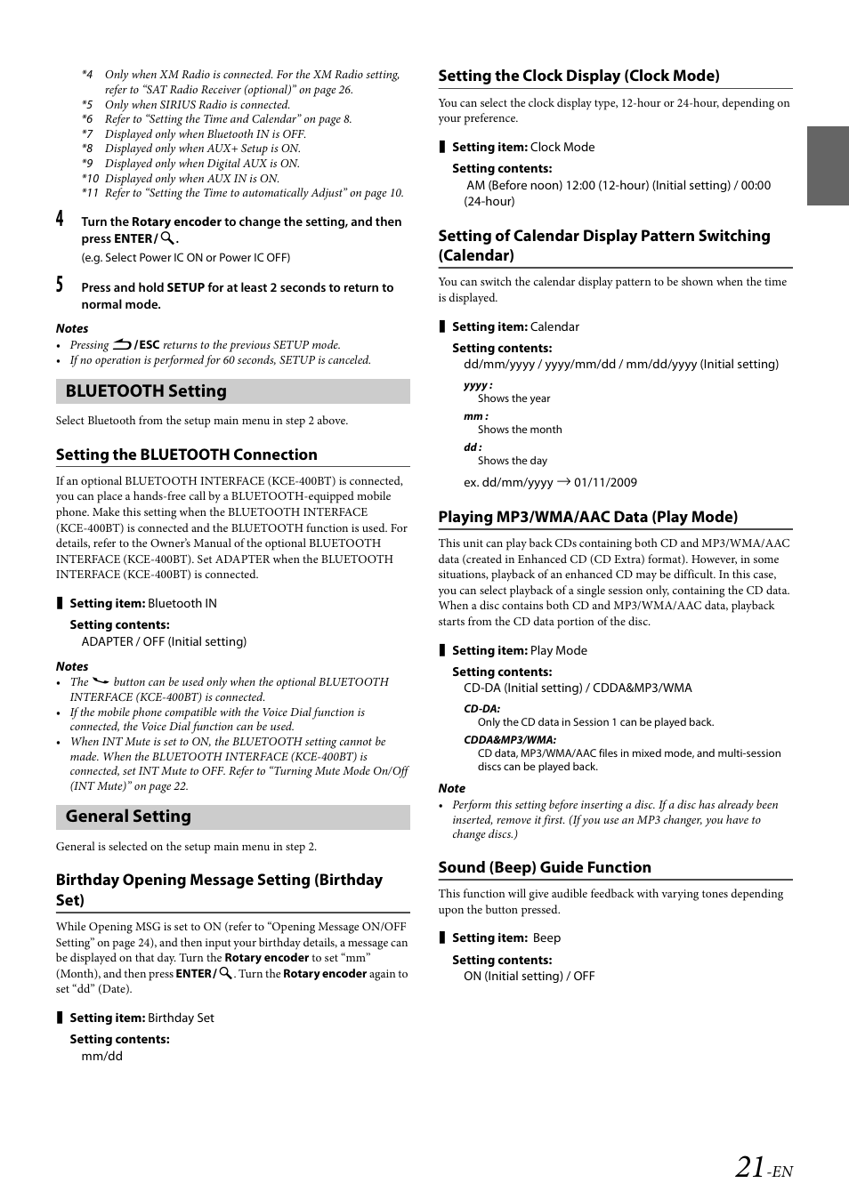 Bluetooth setting, Setting the bluetooth connection, General setting | Birthday opening message setting (birthday set), Setting the clock display (clock mode), Playing mp3/wma/aac data (play mode), Sound (beep) guide function, Refer to, Bluetooth setting general setting | Alpine CDA-117 User Manual | Page 23 / 56