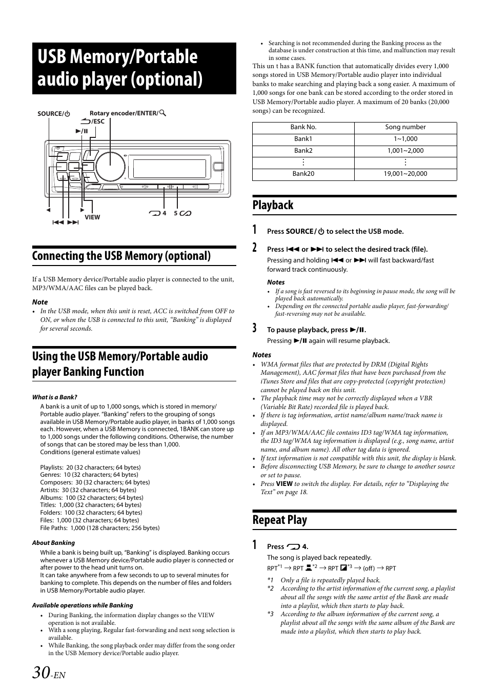 Usb memory/portable audio player (optional), Connecting the usb memory (optional), Playback | Repeat play | Alpine CDA-117 User Manual | Page 32 / 56