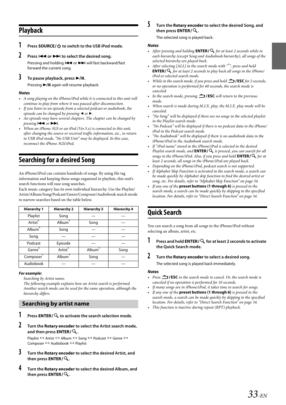 Playback, Searching for a desired song, Searching by artist name | Quick search, Playback searching for a desired song | Alpine CDA-117 User Manual | Page 35 / 56