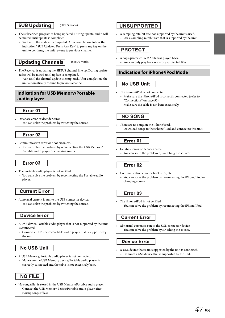 Indication for usb memory/portable audio player, Indication for iphone/ipod mode | Alpine CDA-117 User Manual | Page 49 / 56