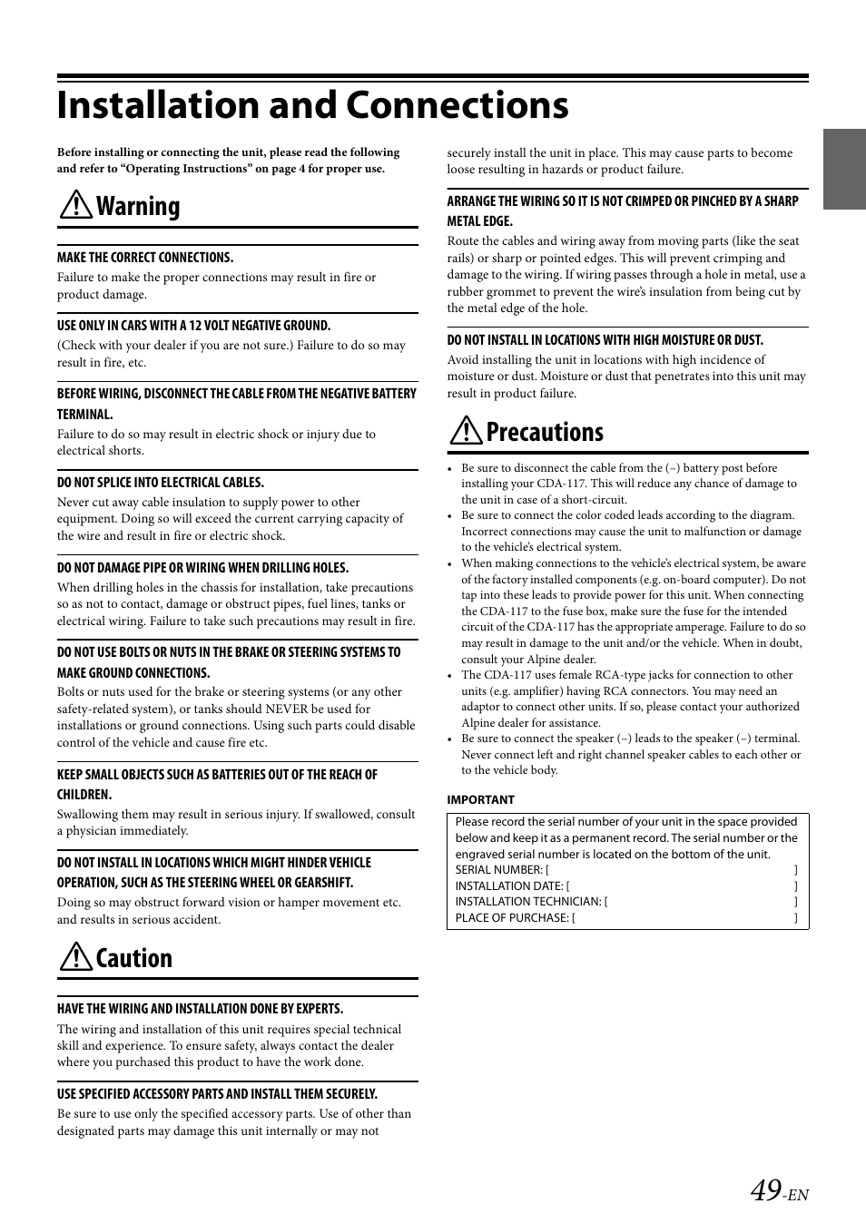 Installation and connections, Warning, Caution | Precautions | Alpine CDA-117 User Manual | Page 51 / 56
