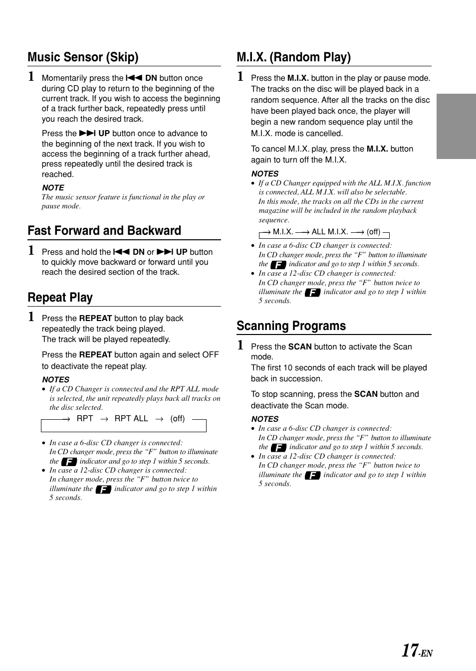 Music sensor (skip), Fast forward and backward, Repeat play | M.i.x. (random play), Scanning programs | Alpine CDA-7875 User Manual | Page 19 / 36