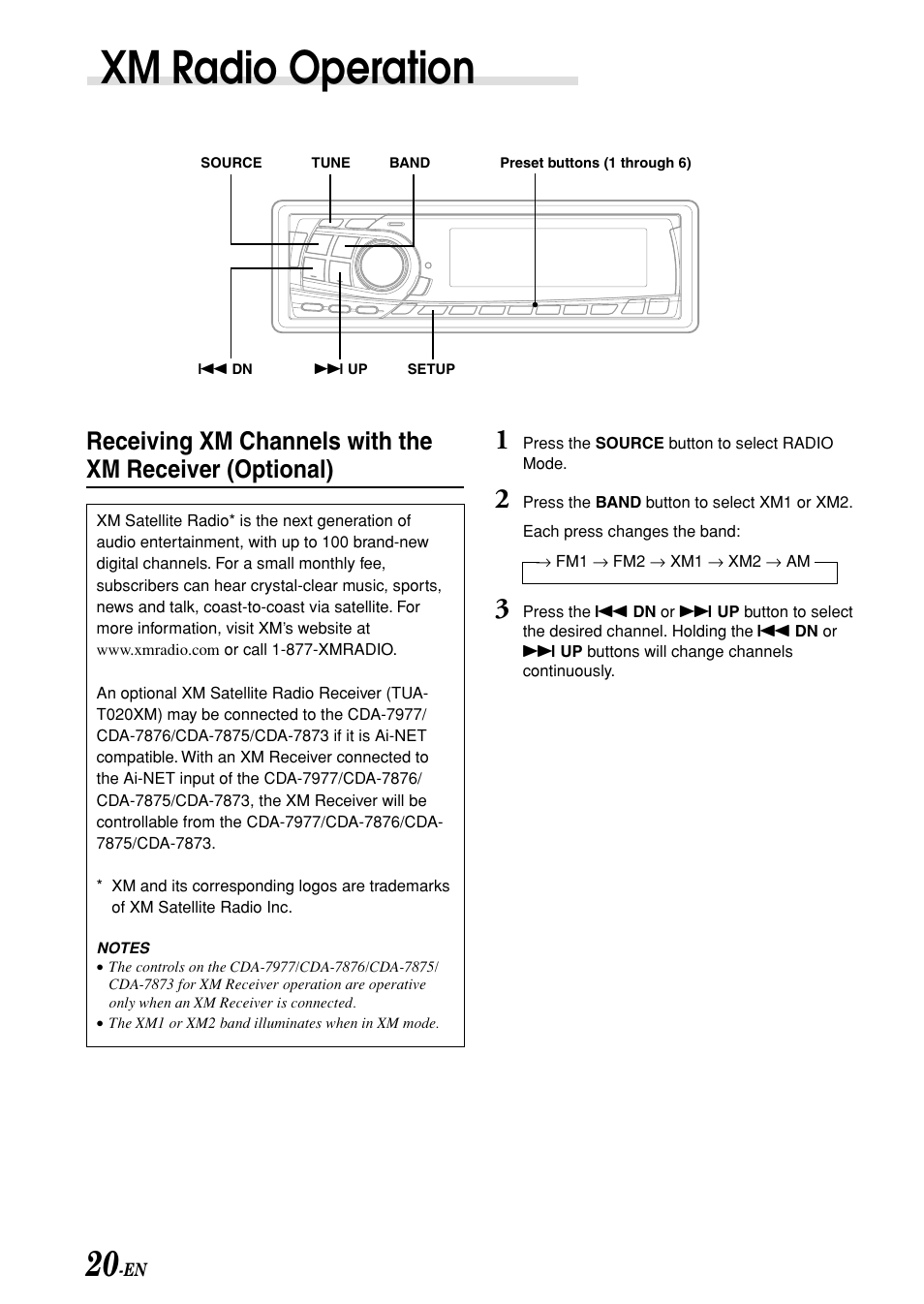 Xm radio operation | Alpine CDA-7875 User Manual | Page 22 / 36