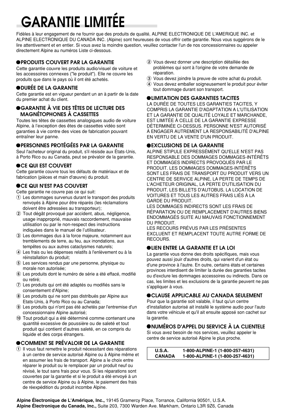 Garantie limitée | Alpine CDA-7875 User Manual | Page 35 / 36