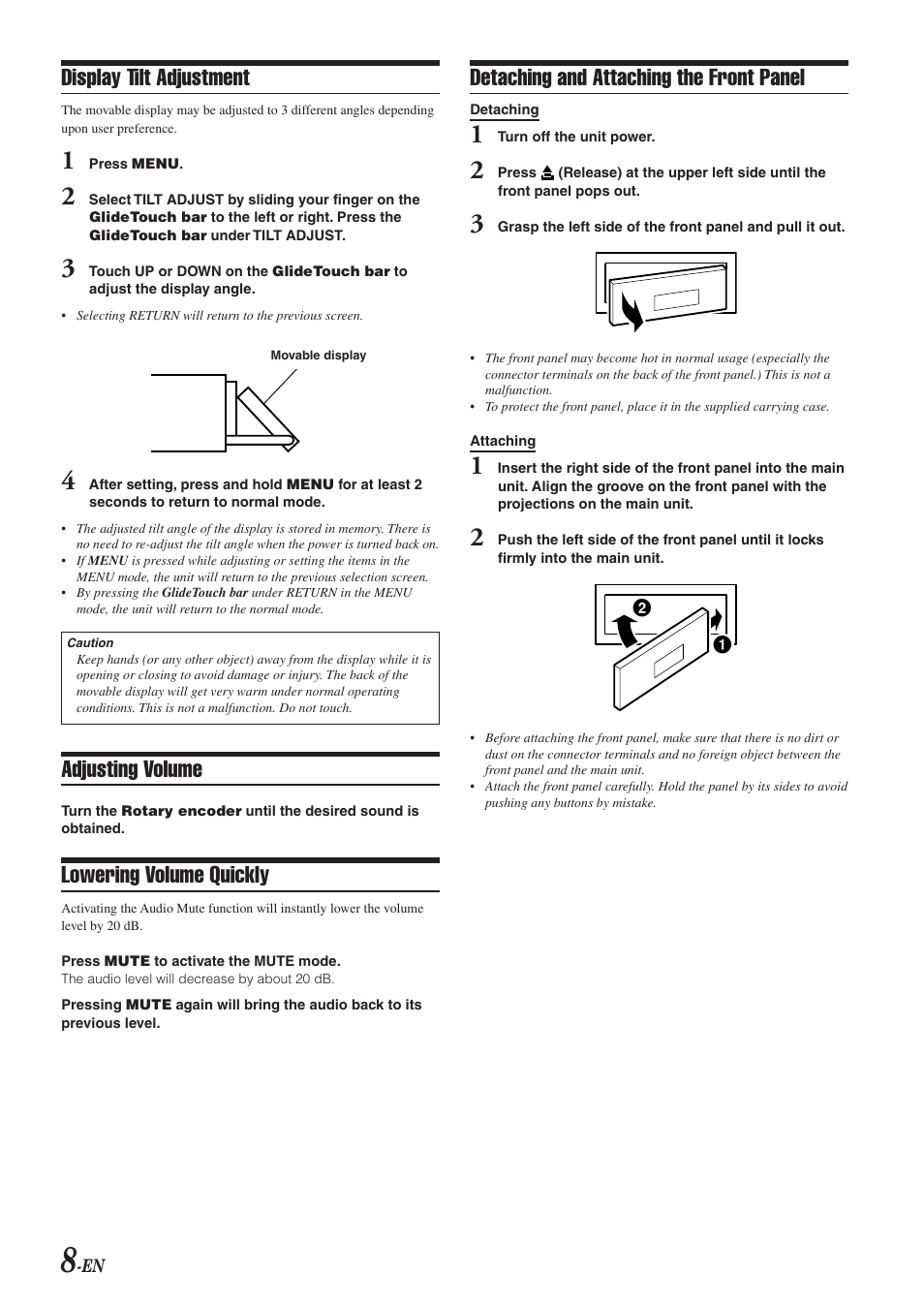 Display tilt adjustment, Adjusting volume, Lowering volume quickly | Detaching and attaching the front panel | Alpine 68-04123Z09-A User Manual | Page 10 / 43
