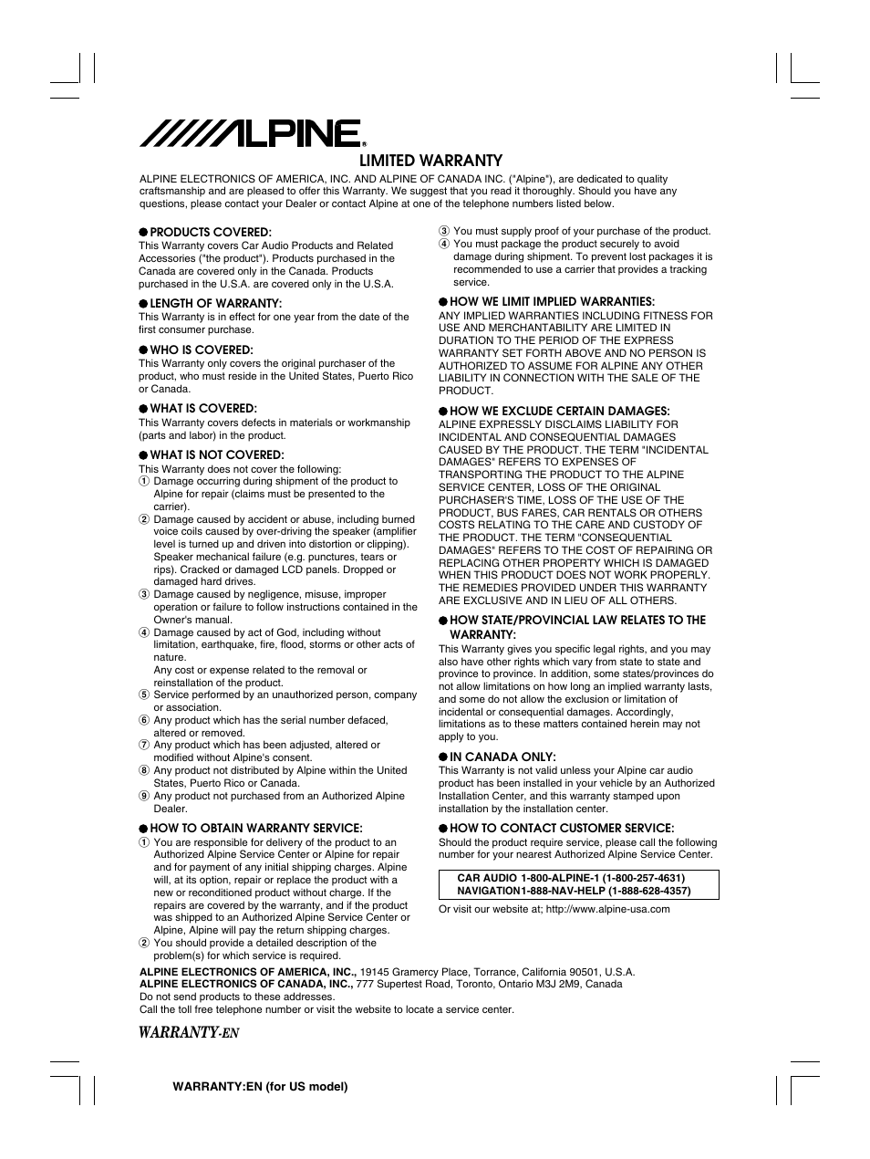 Warranty, Limited warranty | Alpine KCE-300BT User Manual | Page 16 / 100