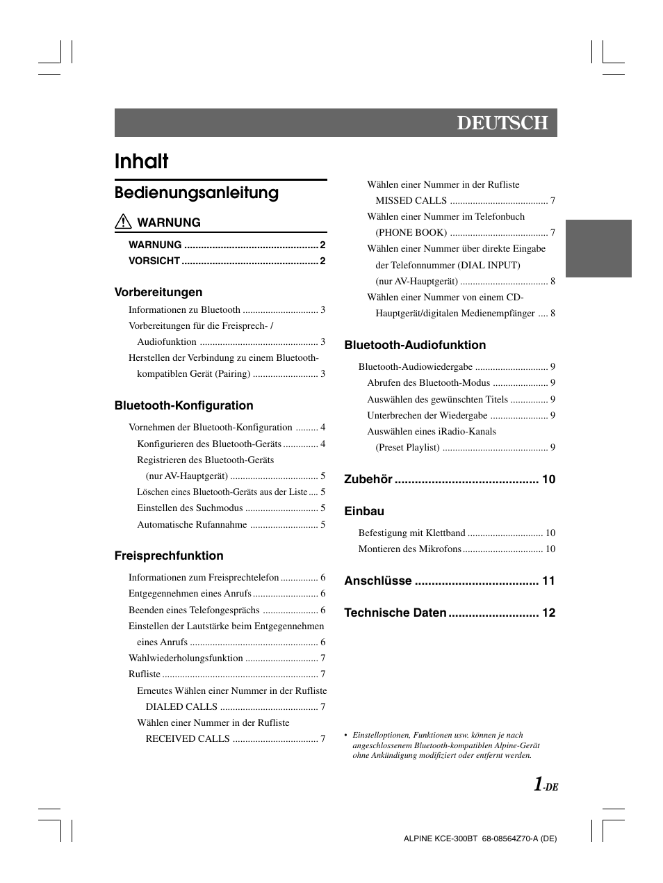 Inhalt, Deutsch, Bedienungsanleitung | Alpine KCE-300BT User Manual | Page 17 / 100