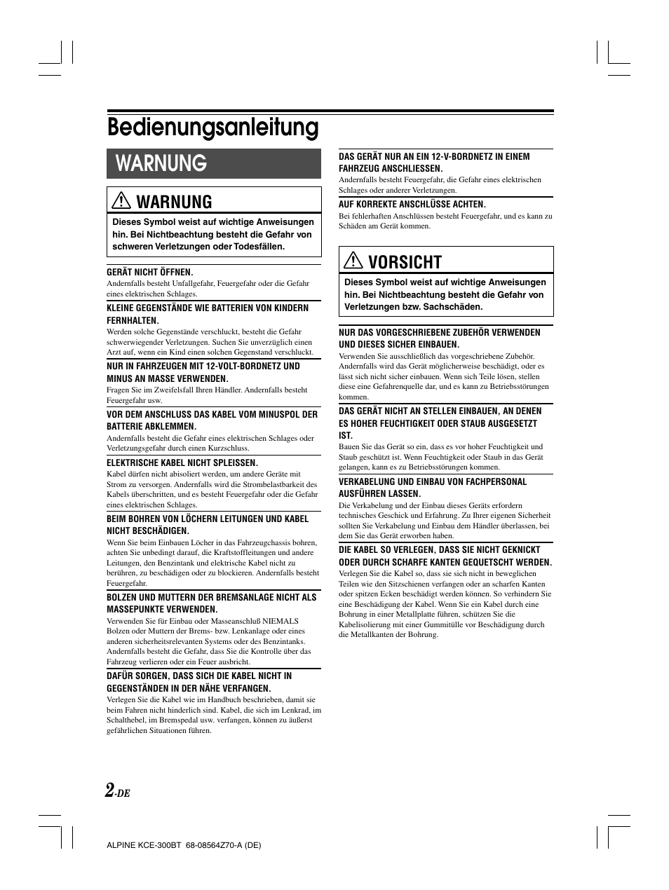Bedienungsanleitung, Warnung, Vorsicht | Alpine KCE-300BT User Manual | Page 18 / 100