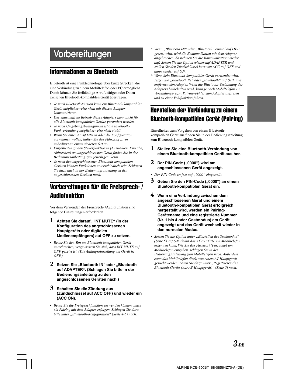 Vorbereitungen, Informationen zu bluetooth, Vorbereitungen für die freisprech- / audiofunktion | Alpine KCE-300BT User Manual | Page 19 / 100