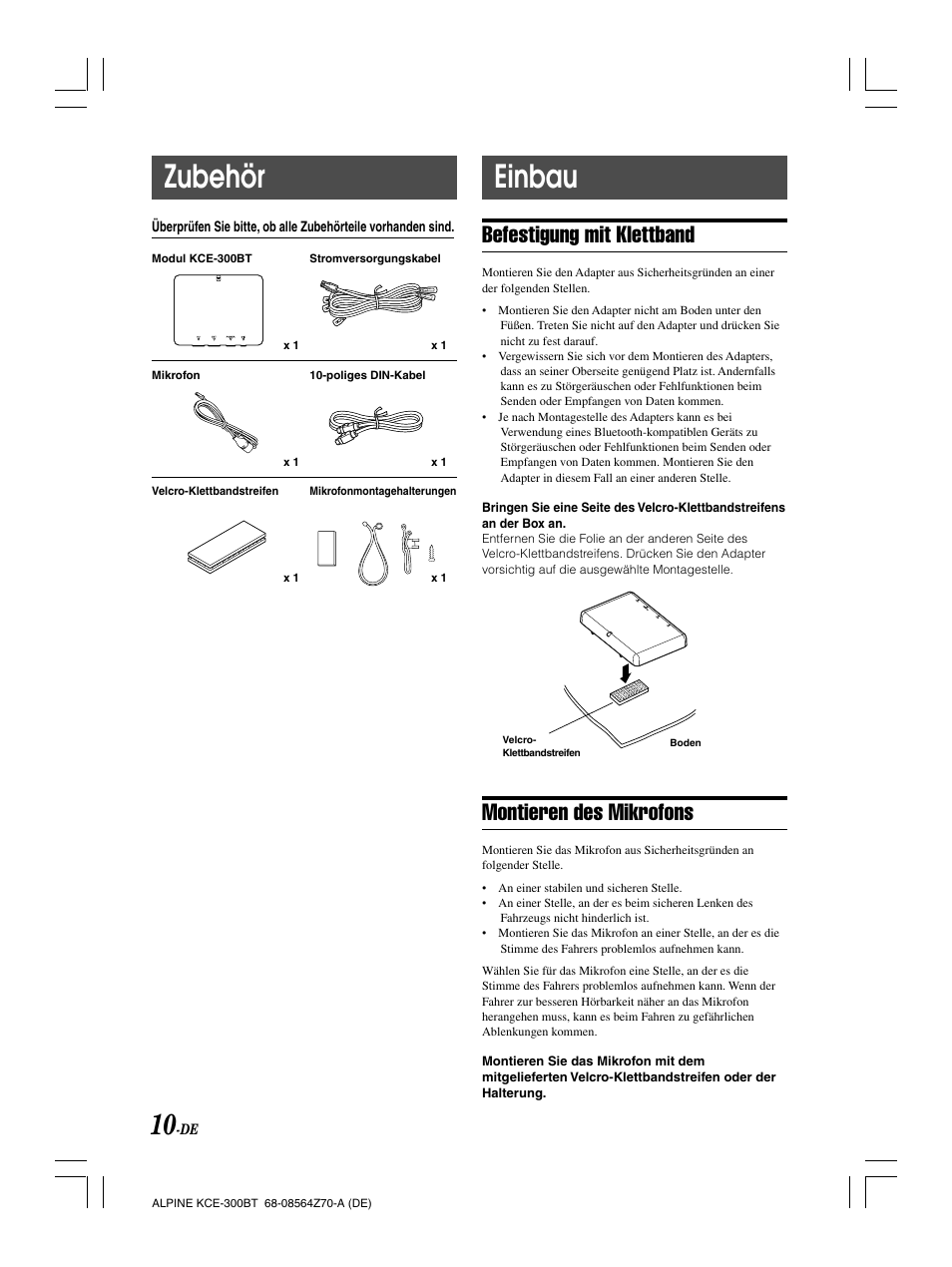 Zubehör, Einbau, Befestigung mit klettband | Montieren des mikrofons | Alpine KCE-300BT User Manual | Page 26 / 100