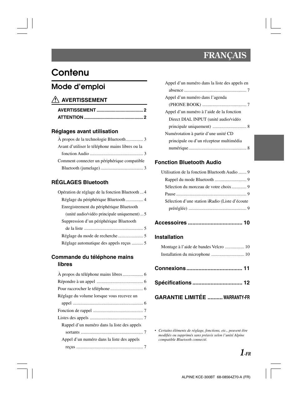 Contenu, Français, Mode d’emploi | Alpine KCE-300BT User Manual | Page 29 / 100