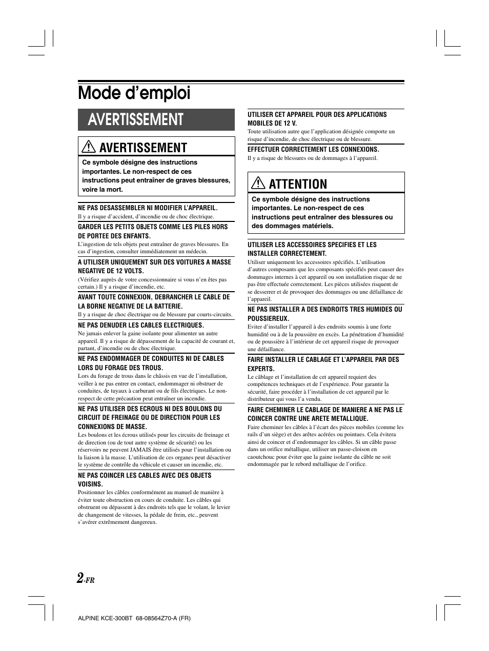 Mode d’emploi, Avertissement, Attention | Alpine KCE-300BT User Manual | Page 30 / 100