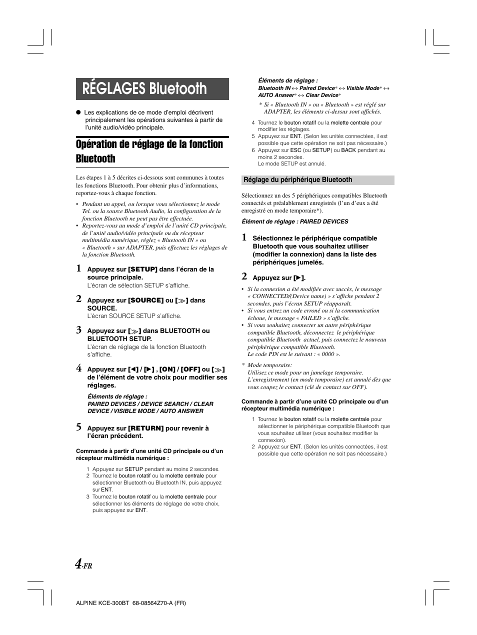 Réglages bluetooth, Opération de réglage de la fonction bluetooth | Alpine KCE-300BT User Manual | Page 32 / 100