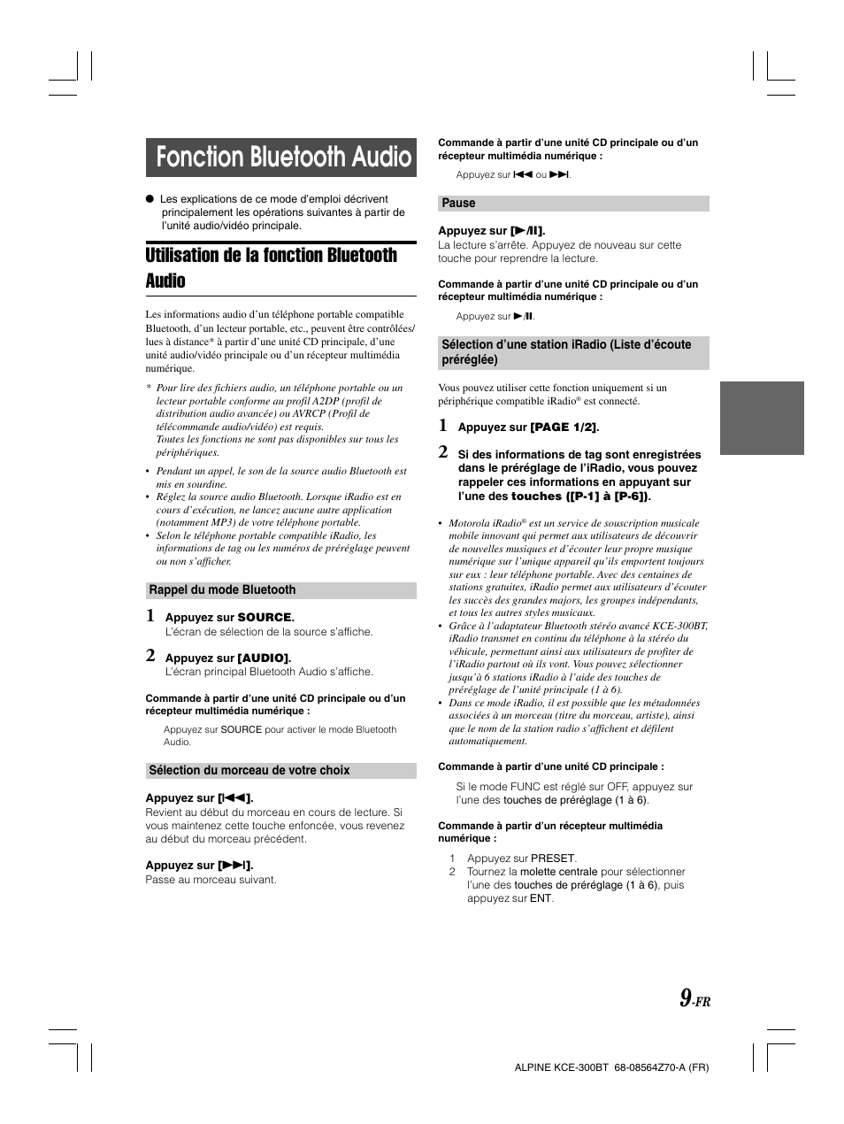 Fonction bluetooth audio, Utilisation de la fonction bluetooth audio | Alpine KCE-300BT User Manual | Page 37 / 100