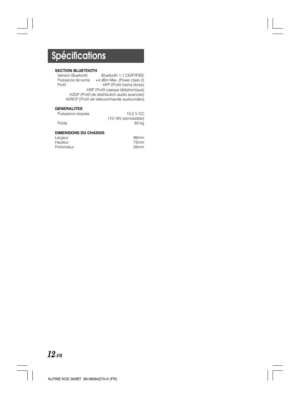 Spécifications | Alpine KCE-300BT User Manual | Page 40 / 100