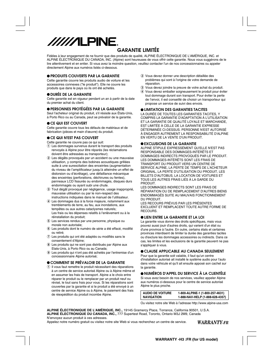 Warranty, Garantie limitée | Alpine KCE-300BT User Manual | Page 41 / 100