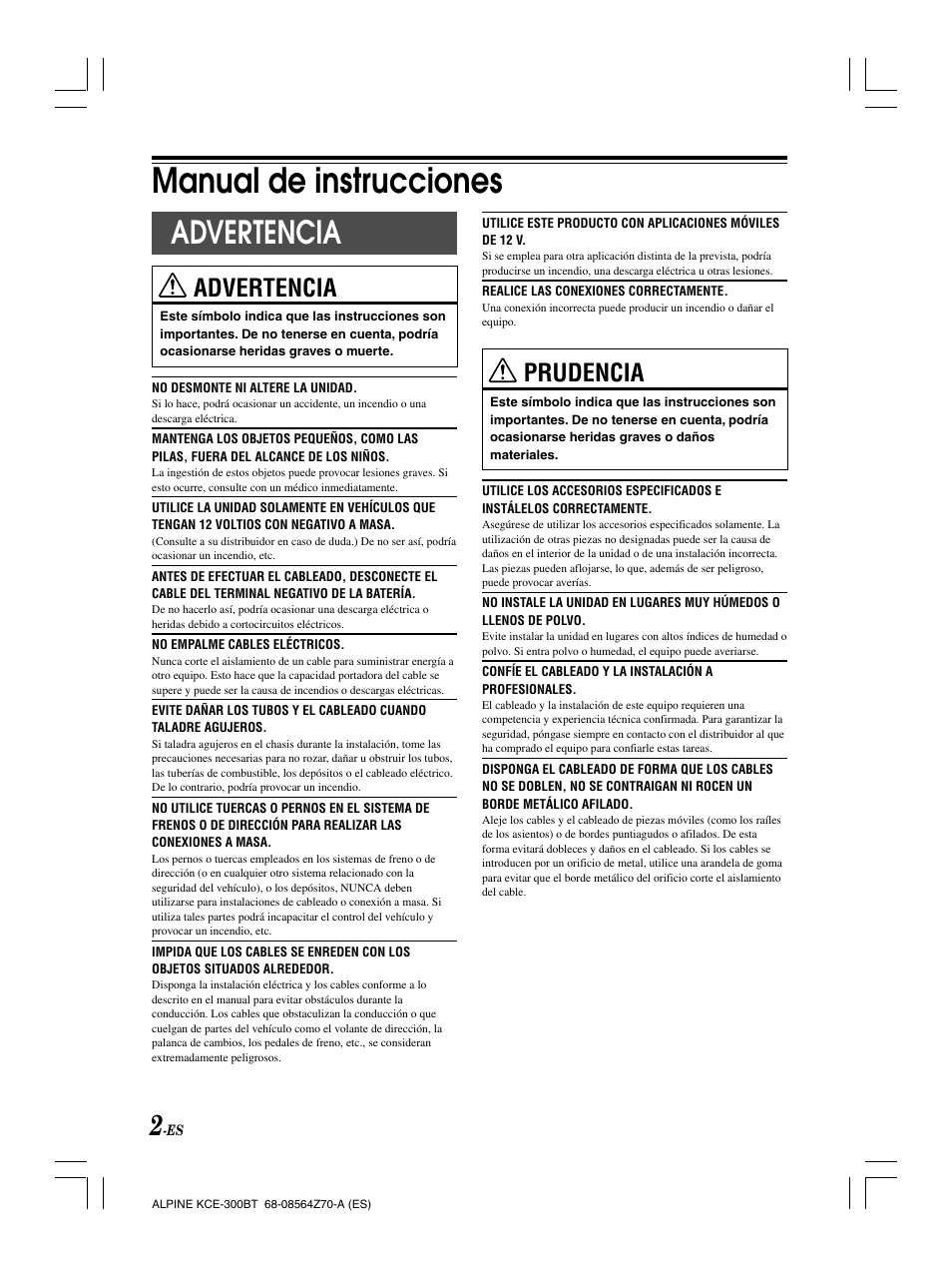 Manual de instrucciones, Advertencia, Prudencia | Alpine KCE-300BT User Manual | Page 43 / 100