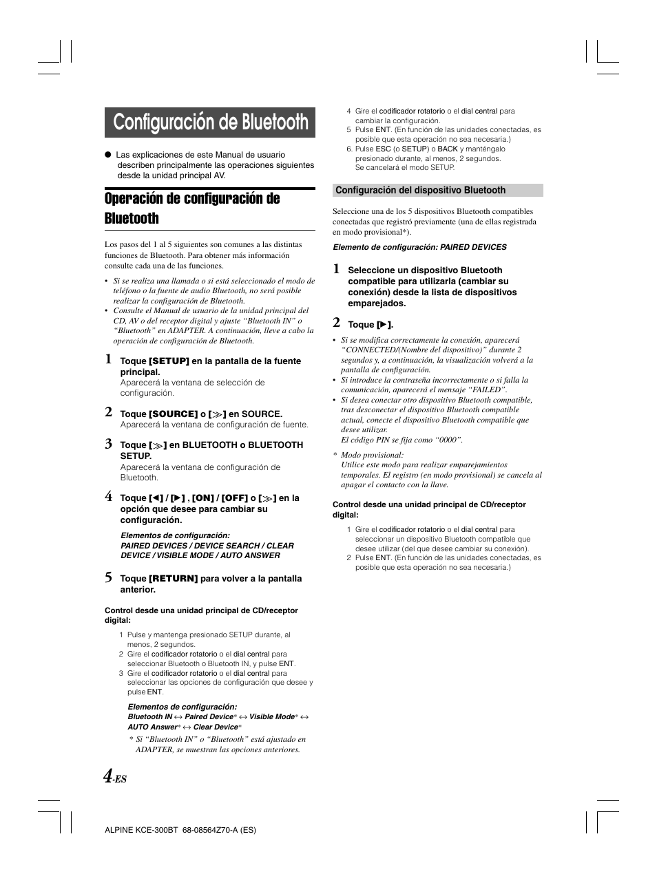 Configuración de bluetooth, Operación de configuración de bluetooth | Alpine KCE-300BT User Manual | Page 45 / 100