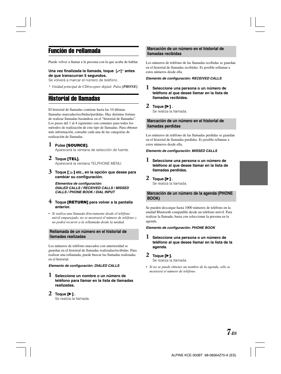 Función de rellamada, Historial de llamadas | Alpine KCE-300BT User Manual | Page 48 / 100