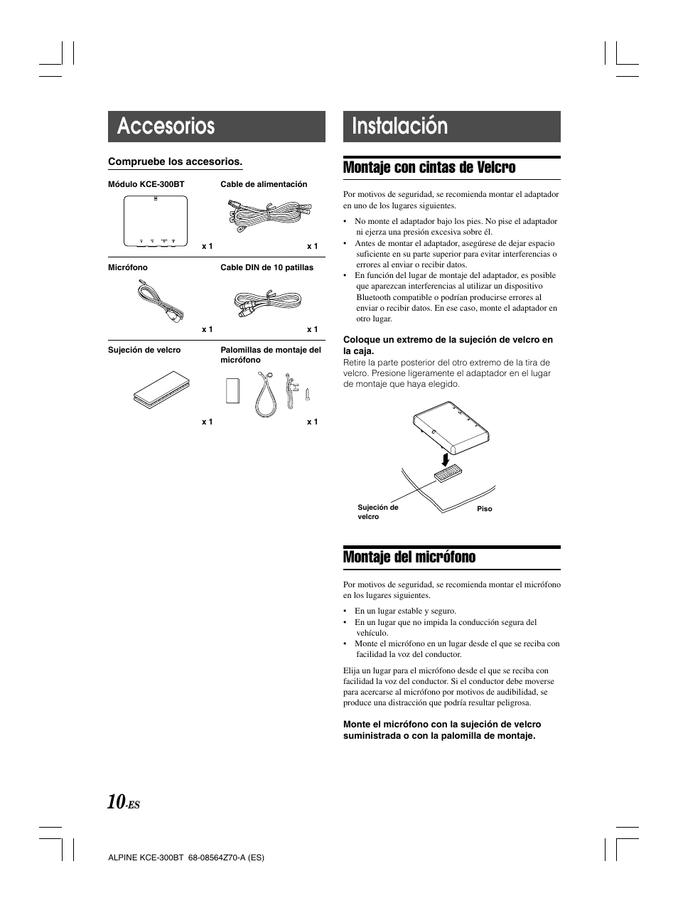 Accesorios, Instalación, Montaje con cintas de velcro | Montaje del micrófono | Alpine KCE-300BT User Manual | Page 51 / 100
