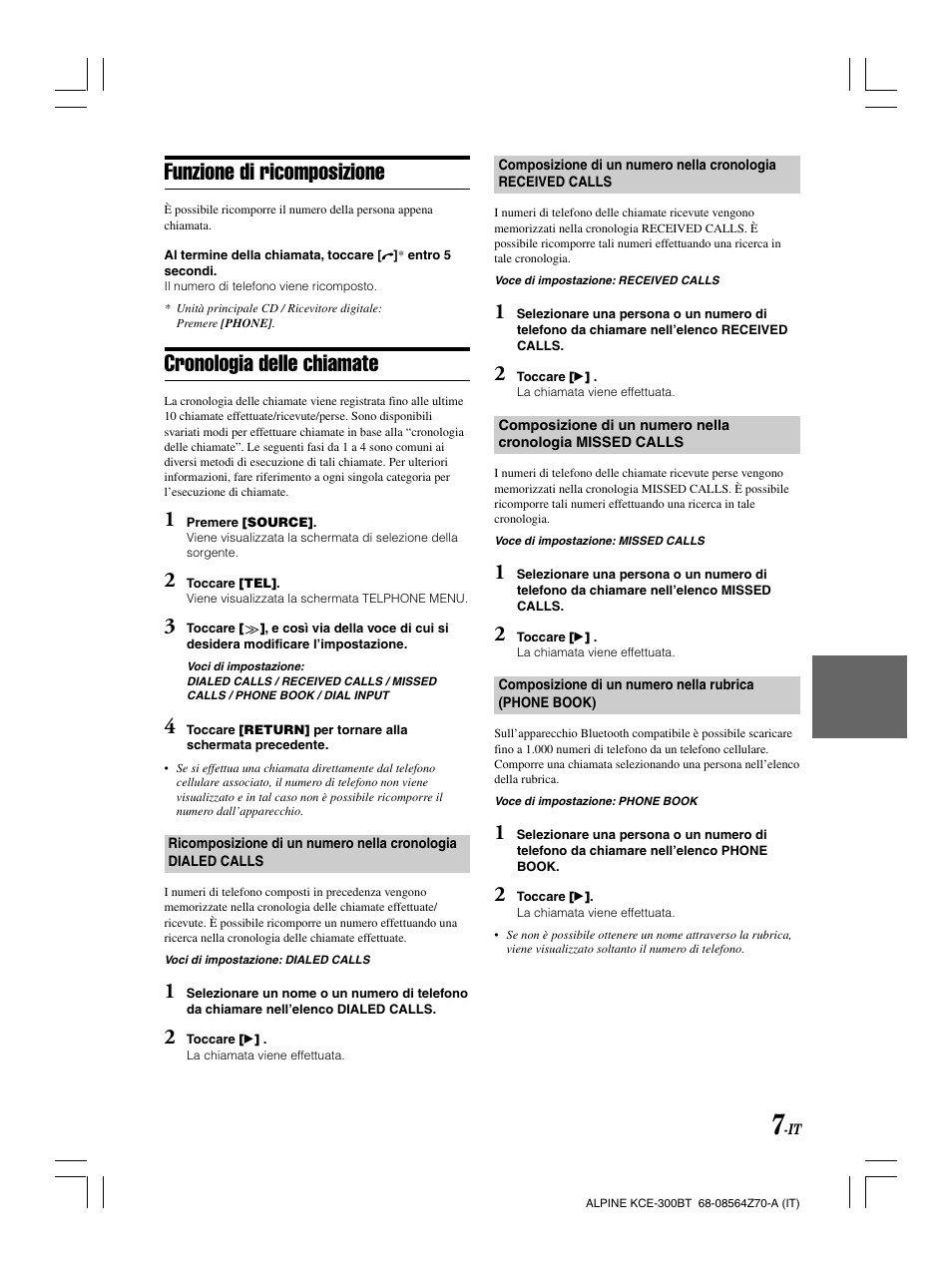 Funzione di ricomposizione, Cronologia delle chiamate | Alpine KCE-300BT User Manual | Page 60 / 100
