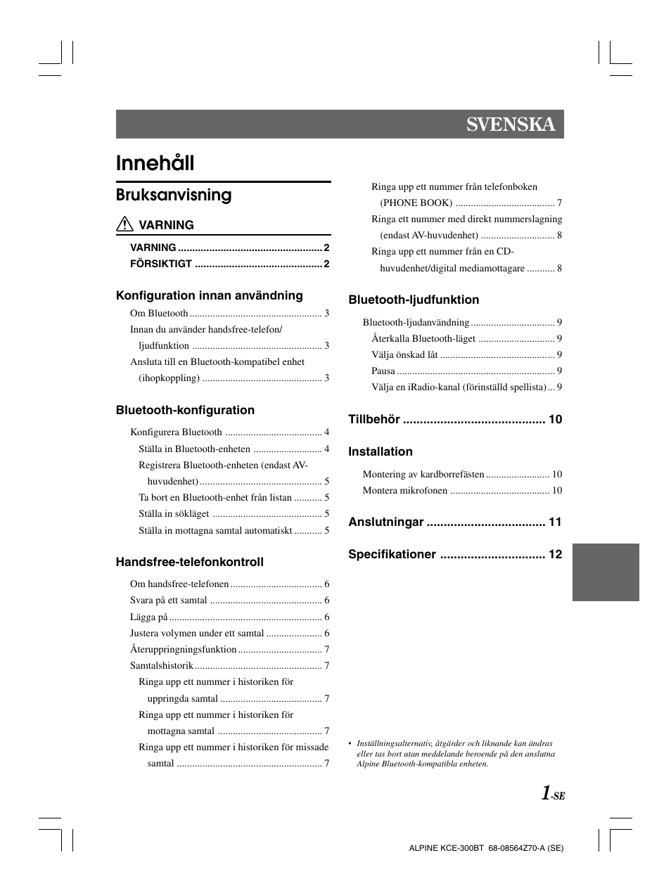 Innehåll, Svenska, Bruksanvisning | Alpine KCE-300BT User Manual | Page 66 / 100