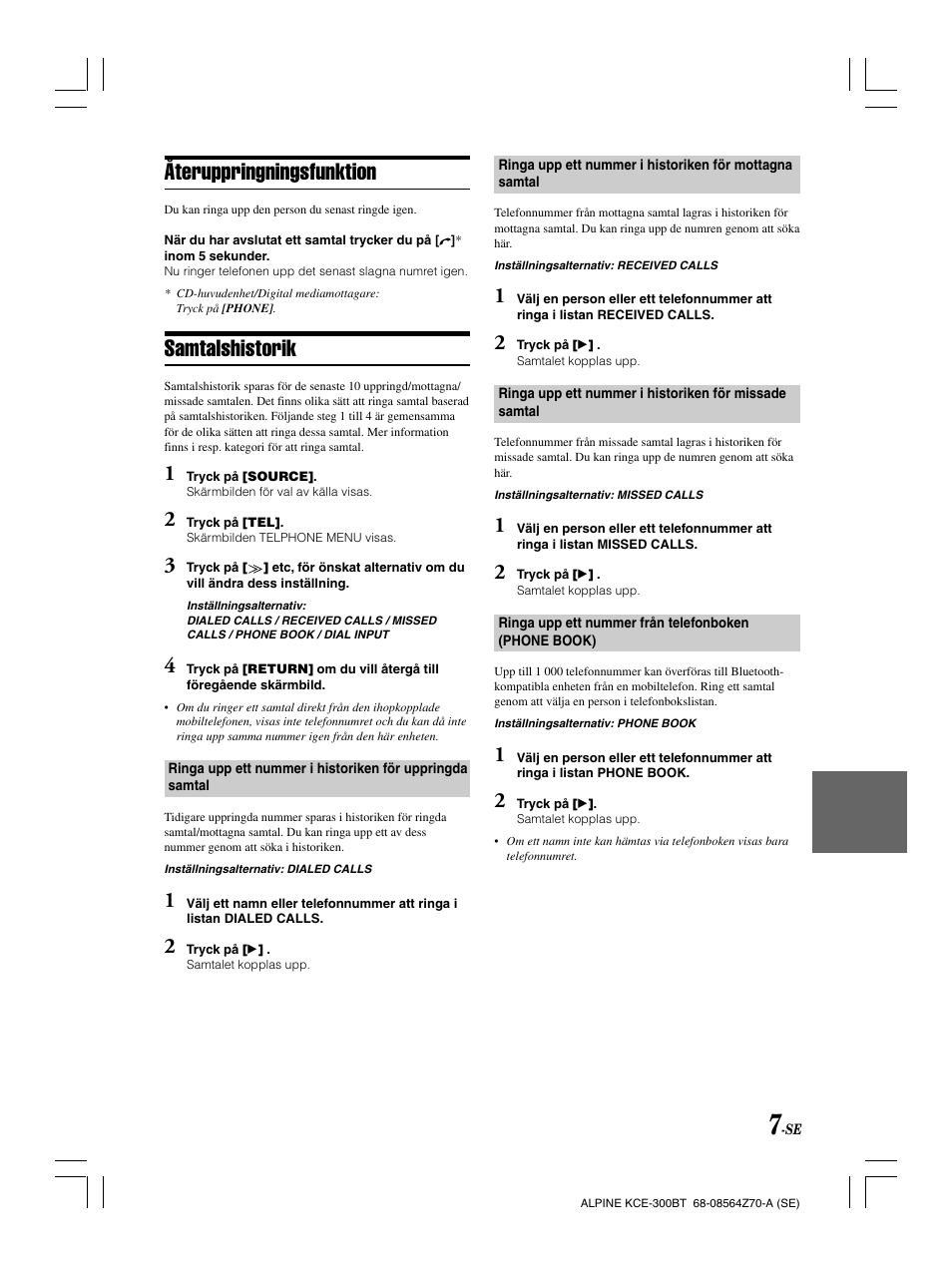 Återuppringningsfunktion, Samtalshistorik | Alpine KCE-300BT User Manual | Page 72 / 100
