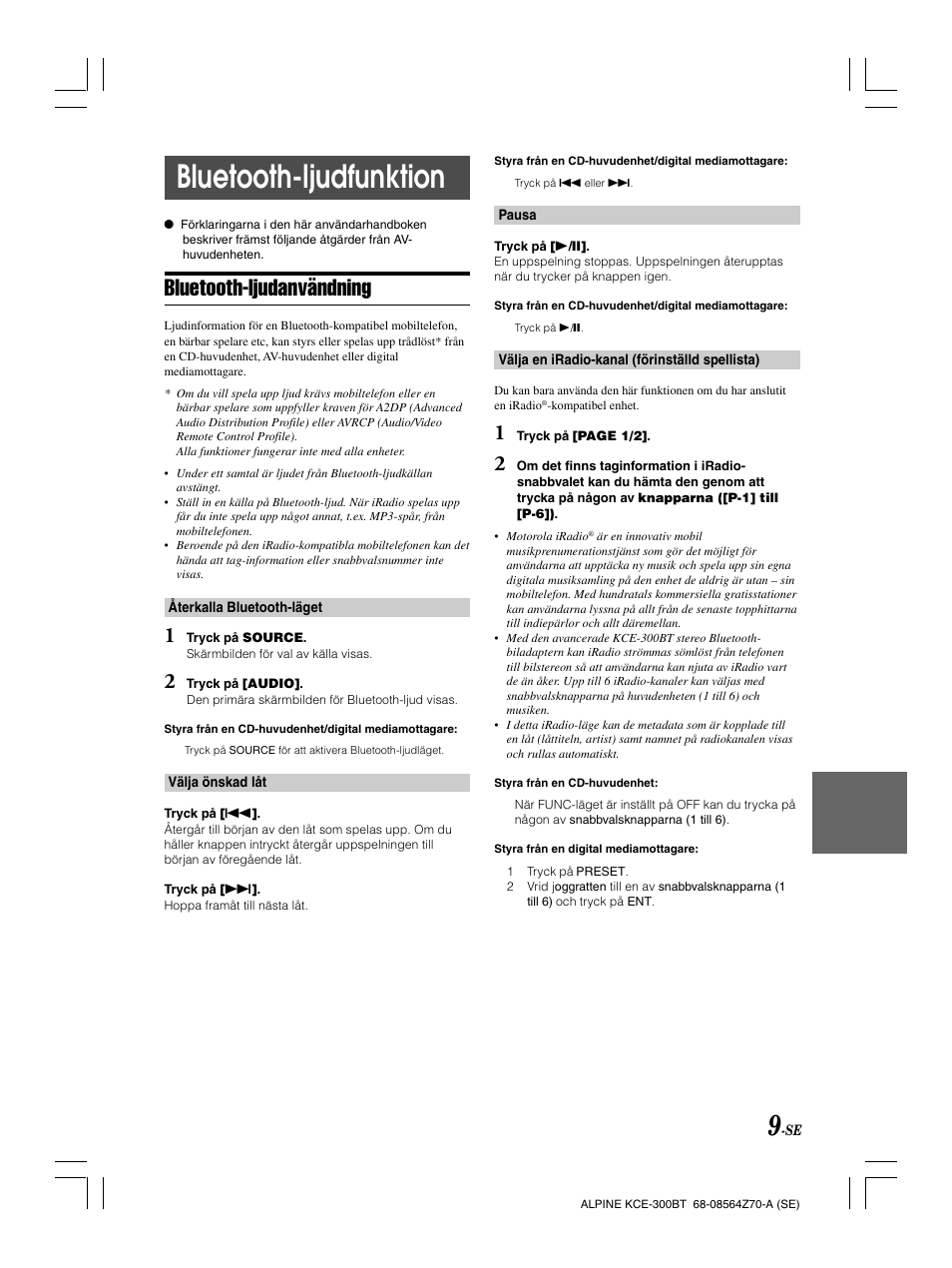 Bluetooth-ljudfunktion, Bluetooth-ljudanvändning | Alpine KCE-300BT User Manual | Page 74 / 100