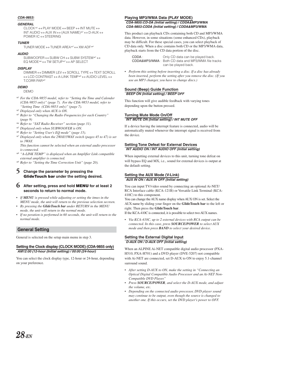 Cda-9853 menu options, General, General setting | Alpine CDA-9853 User Manual | Page 29 / 55