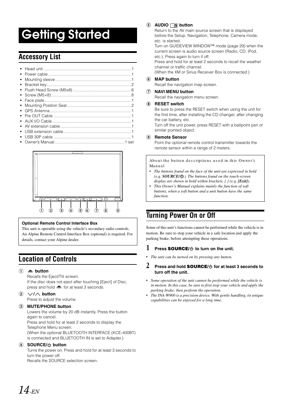Getting started, Accessory list, Location of controls | Turning power on or off | Alpine INA-W900 User Manual | Page 16 / 101